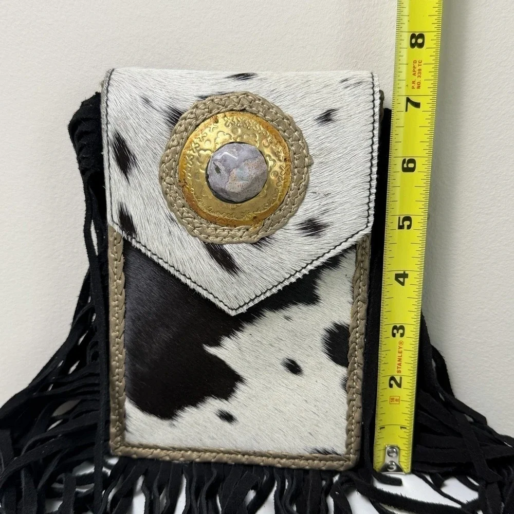 Genuine Hair-On Cowhide Fringe Crossbody & Belt Bag Black White Western Concho